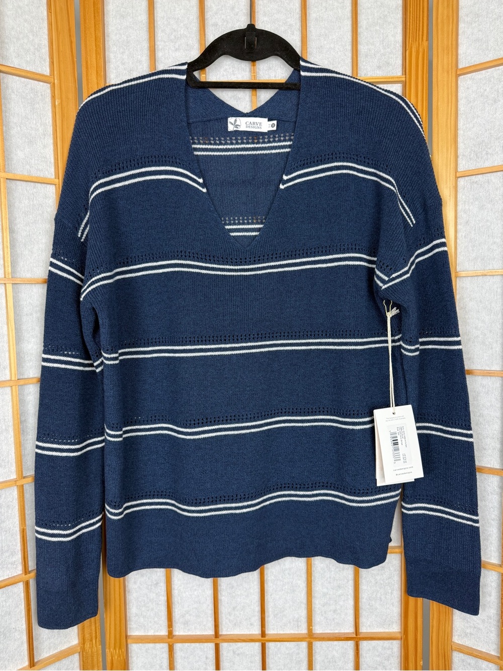 Carve Designs Zella Pullover Striped V-Neck Sweater Organic Cotton S NWT